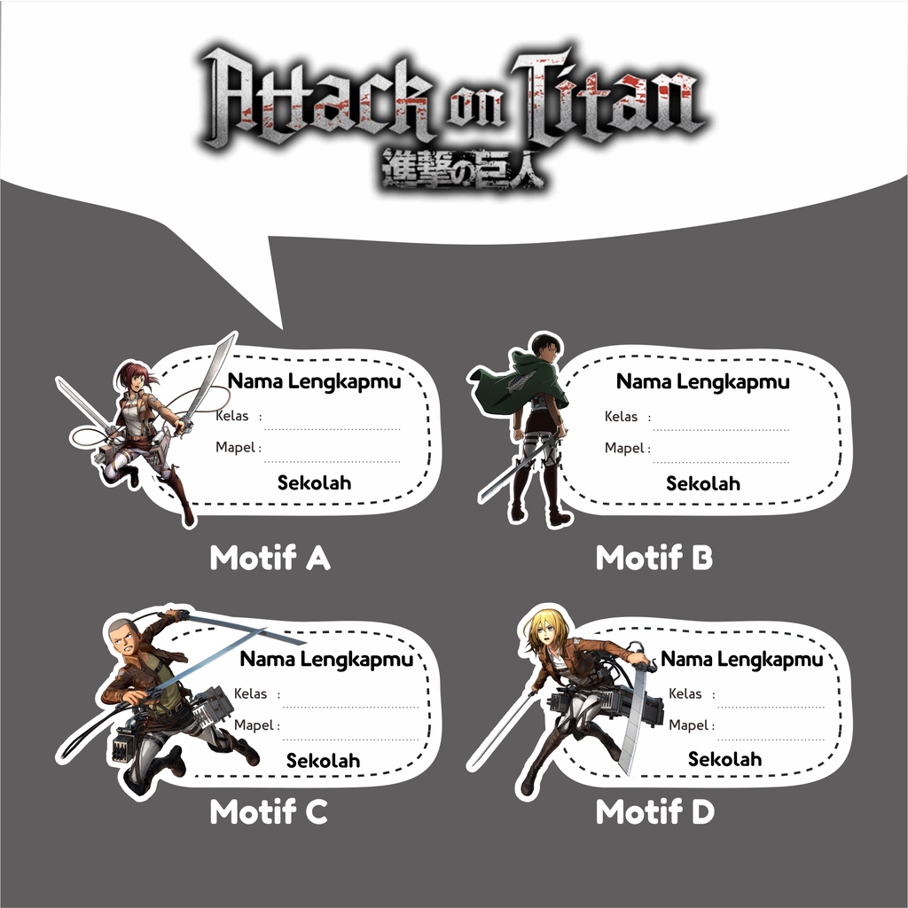 

Stiker nama custom sampul buku Tulis/pelajaran Tema Attack on Titan