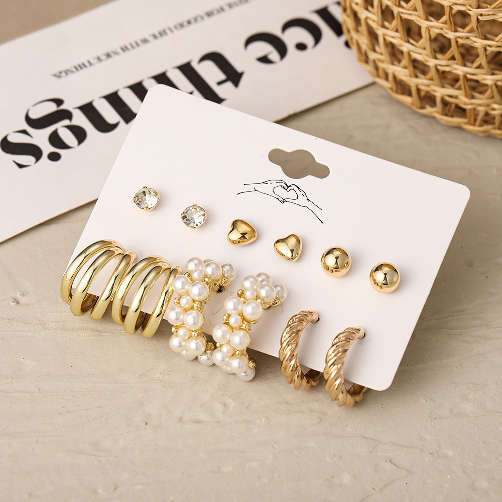 IFYOU 6Pairs Korean Crystal Pearl Stud Earrings Set Fashion Gold Pendant Earrings Women Jewelry Accessories