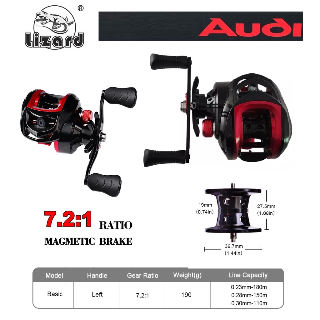 Reel Bait Casting Reel BC Lizard Audi Ratio 7.2:1 Drag 10 Kg Rel BC Handle Kiri Magnetic Brake Bisa 