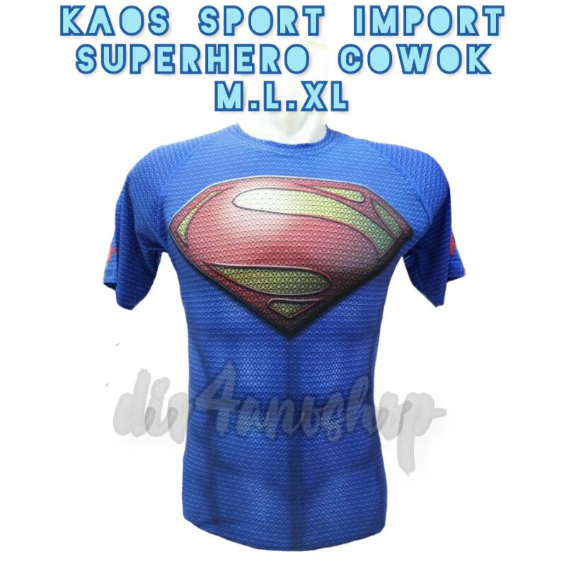 KAOS OLAHRAGA SUPERHERO IMPORT PRIA TSHIRT SPORT MEN MURAH BAJU GYM COWOK FITNESS SUPERMAN BIRU
