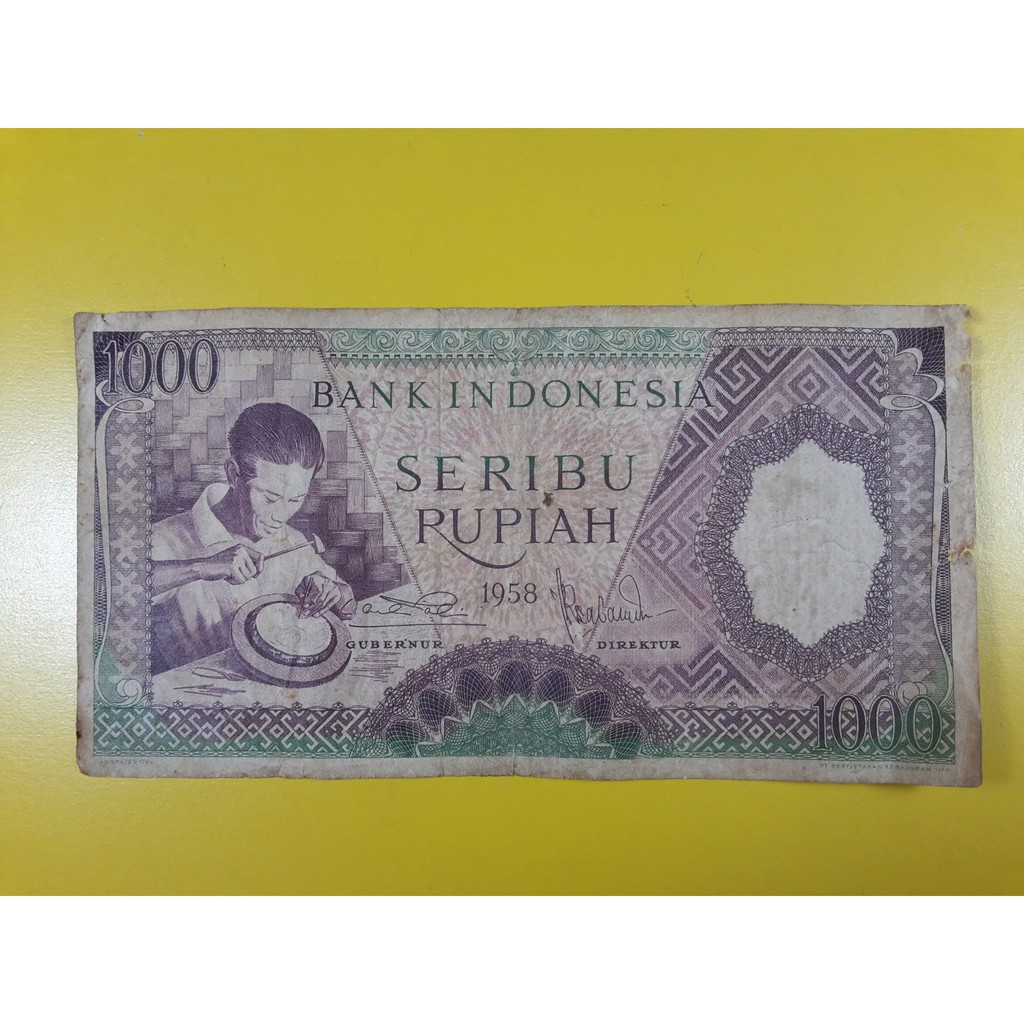 Uang Kuno Indonesia 1000 Rupiah Ungu Tahun 1958 Fine