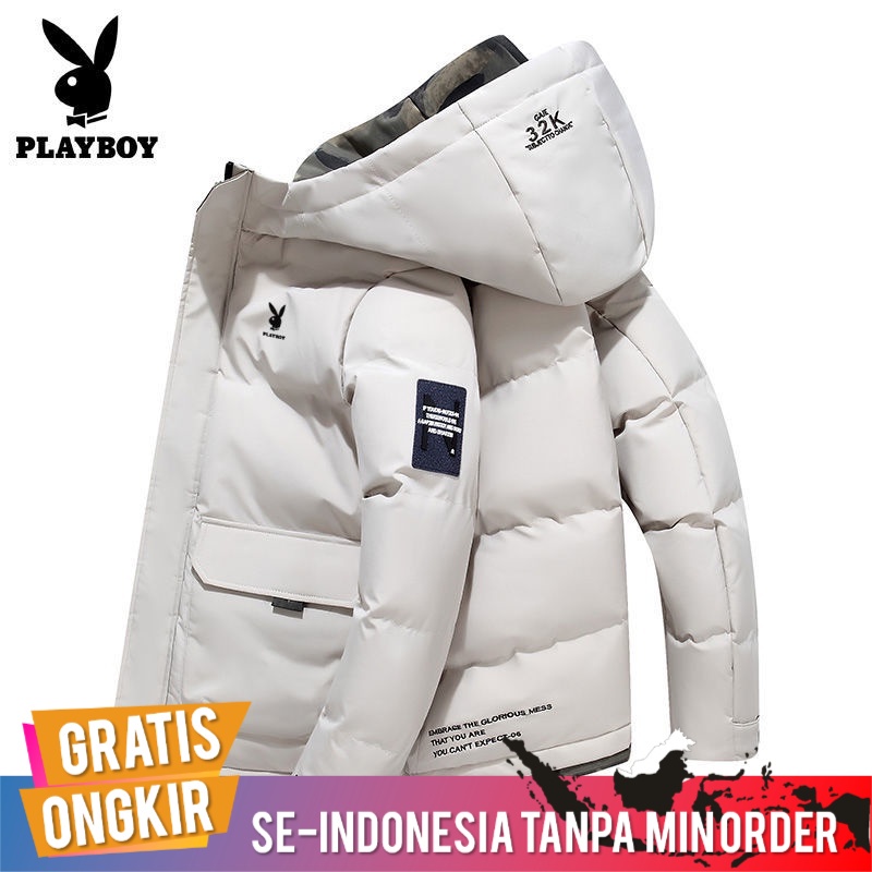 Jaket Pria Import Original Playboy Katun Musim Dingin Bertopi Pakaian Model Baru Bulu Angsa Tebal Tr