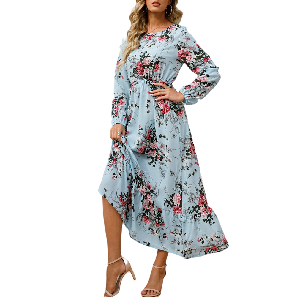 COD 2022 New Fashion Blue Long Dresses Summer Wanita Maxi Dress Korea Lengan Panjang Muslimah Motif Bunga Panjang Gaun 2023