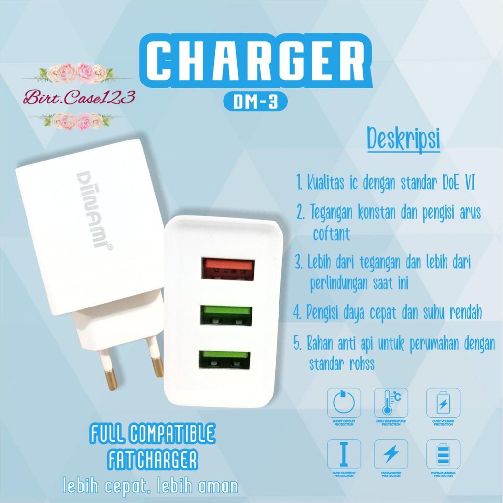 BM101 ADAPTOR BATOK CHARGER DIINAMI DM-3 3USB PORTS QUALCOM android &amp; iPhone garansi 1tahun BC5715