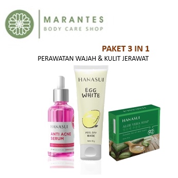 PAKET PERAWATAN WAJAH &amp; JERAWAT 3 IN 1 HANASUI ANTI ACNE SERUM + HANASUI MASKER NATURGO EGG WHITE + HANASUI BODY BAR SOAP ALOE VERA