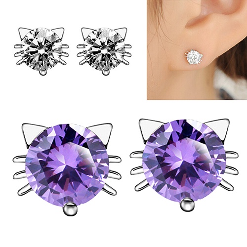 Hu Hu Hu Hu Hu Alat Bantu Pasang Kacamata♡ Anting Tusuk Sterling Silver 925 Desain Telinga Kucing Hias Zircon Berkilau Untuk Wanita