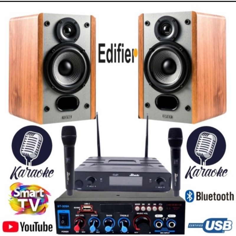 Paket sound karaoke set mini speaker EDIFIER +amplifier bluetooth mic wireless