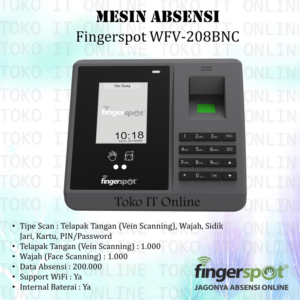 FINGERSPOT REVO WFV-208BNC MESIN ABSENSI TELAPAK TANGAN, WAJAH, SIDIK JARI INTERFACE WIFI LAN USB FLASHDISK