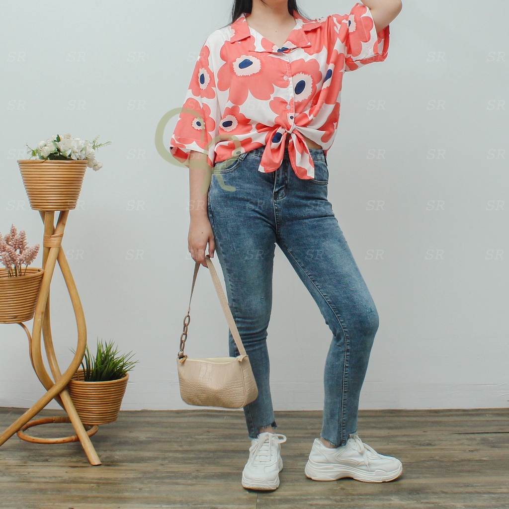 Kemeja Motif Oversize Casual Santai Wanita Premium Rayon Ringan Dingin