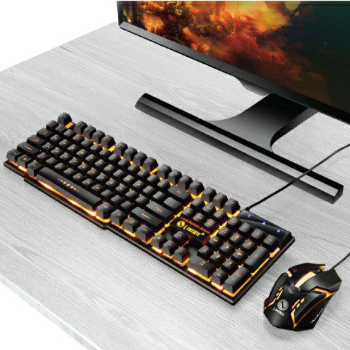 Paket Keyboard Mouse Set For Gaming Black Gold Fire LED Light Mechanical Keyboard Laptop USB Cable Premium Quality