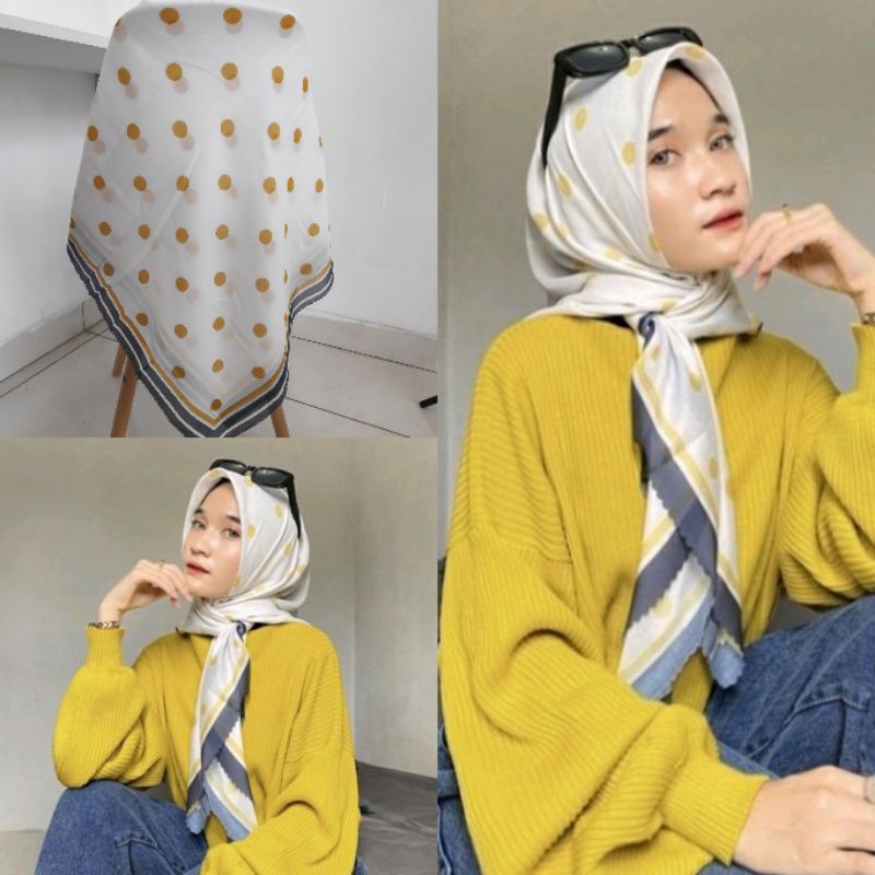 Kerudung vanilla hijab jilbab leopard love rantal polkadot / vanilla hijab segiempat voal motif vanilla chain / deenay kw button kw lasercut-Polka putih kuning