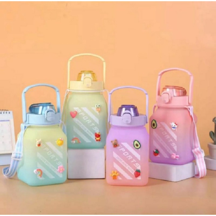 Botol Minum Kotak Gemoy 1,5 Liter Botol Minum Anak - Botol Minum Kotak Gradasi Pelangi 1500 ML Free Stiker 2D &amp; 3D