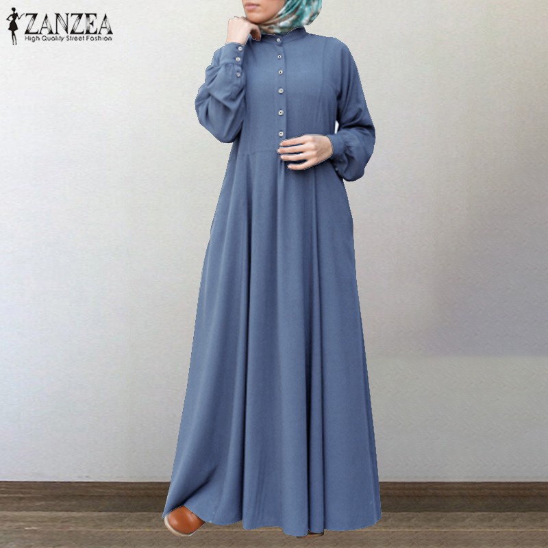 ZANZEA Women Muslim Buttons Long Sleeve High Waist Solid Color Maxi Dress