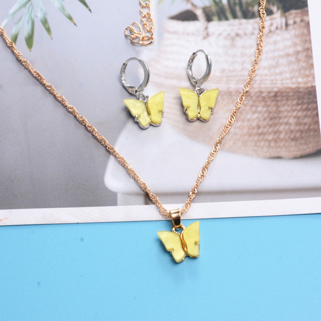 Hu Hu Hu Hu Hu Alat Bantu Pasang Kacamata♡ 2pcs / Set Anting Tusuk + Kalung Liontin Kupu-Kupu Bahan Alloy Untuk Wanita