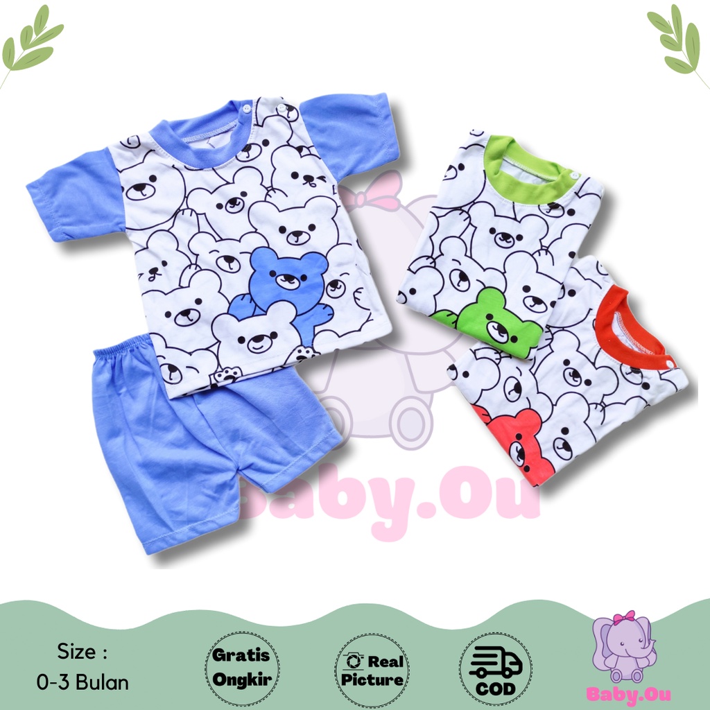 Setelan Baju Bayi Lengan Pendek Celana Pendek Motif Bear / Setelan Pendek Bayi Murah / Baju Bayi Pendek / Baju Harian Bayi / Baby.ou_