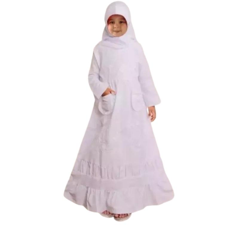 GAMIS KATUN ANAK PEREMPUAN WARNA PUTIH MOTIF BORDIR/GAMIS KATUN MUSLIMAH UNTUK MANASIK HAJI