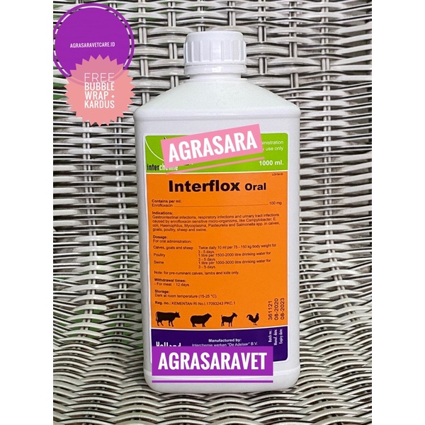 Interflox Oral 1 liter/ 1000 ml (enrofloxacin)obat flu,batuk, pernafasan, pencernaan ternak, kelinci