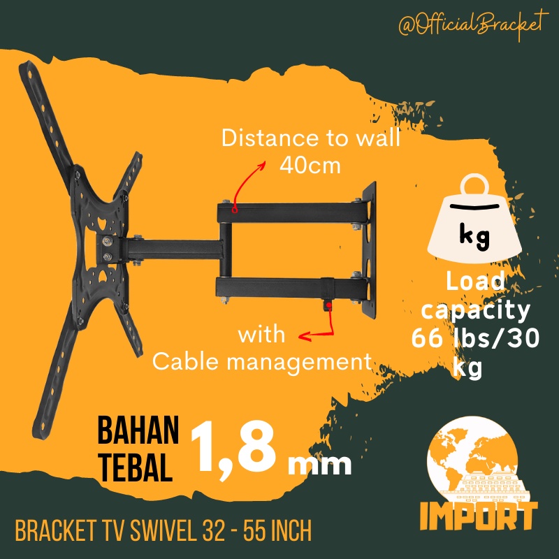 Bracket TV Swivel 43 32 42 48 50 55 inch Swivel 6 Arah Tebal ox