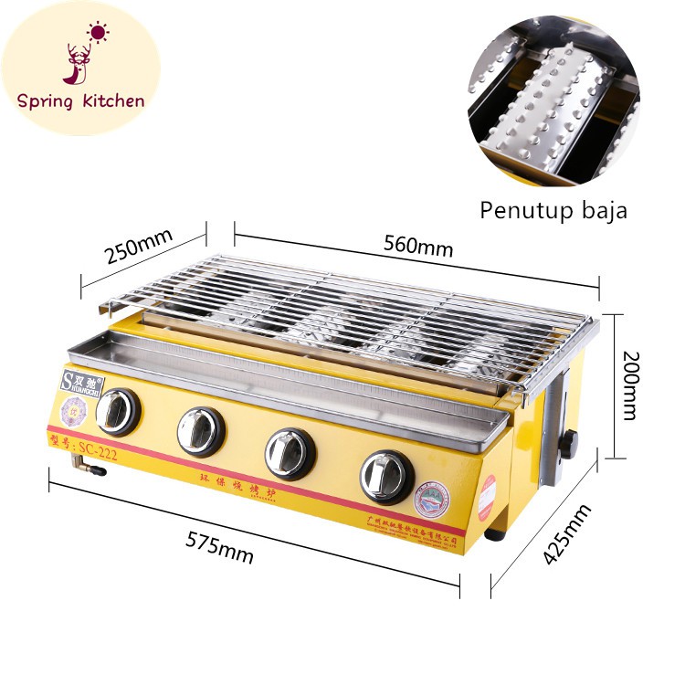 Kompor Panggangan Sosis 4 Tungku/BBQ Grill Gas alat pemanggang daging stainless 【Bergaransi resmi】