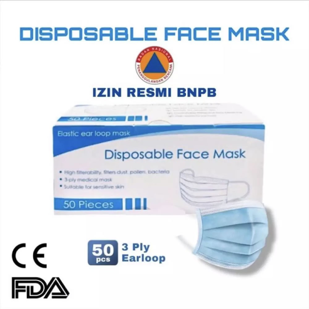 Masker 3 Ply 1 Box Isi 50 Pcs Masker Medis Bedah 3Ply / Masker Earloop Disposable Surgical Face Mask