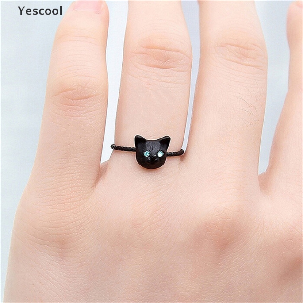 Yes 1Pc Cincin Bentuk Kucing Mini Aksen Berlian Imitasi Warna Goldsilverhitam Untuk Wanita