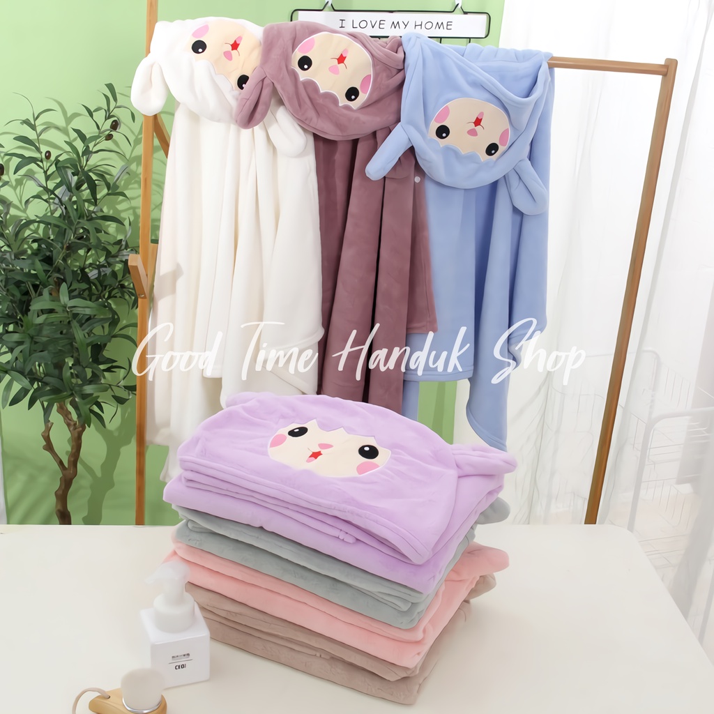 Selimut Hoodie Karakter Lucu Selimut Topi Anak Motif Domba 70x140cm Hooded Leisure Blanket Tidur Fleece