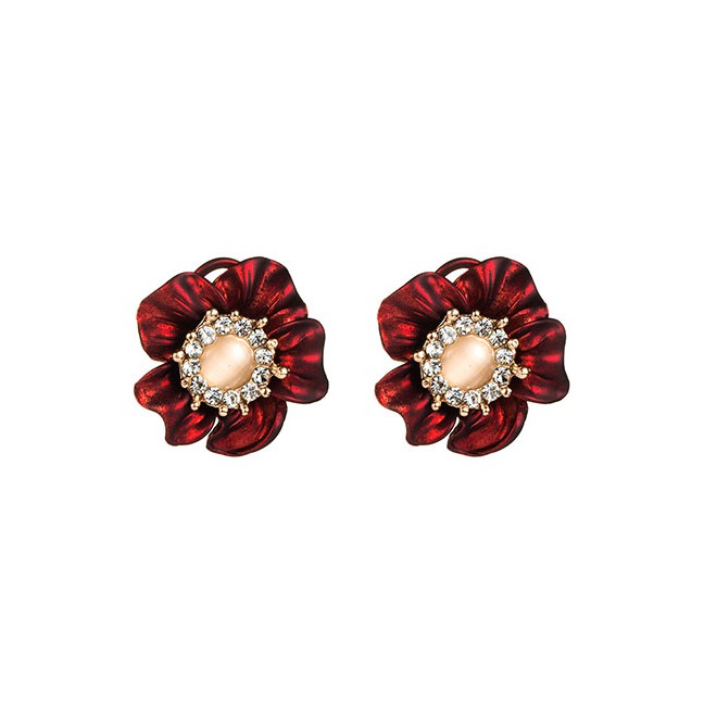 LRC Anting Tusuk Fashion Red Alloy Spray Paint Flower Opal Earrings D38965