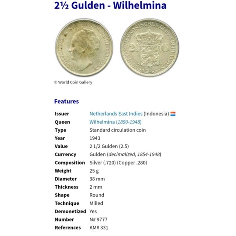 Koin Perak 2 1/2 G wilhelmina tahun 1943