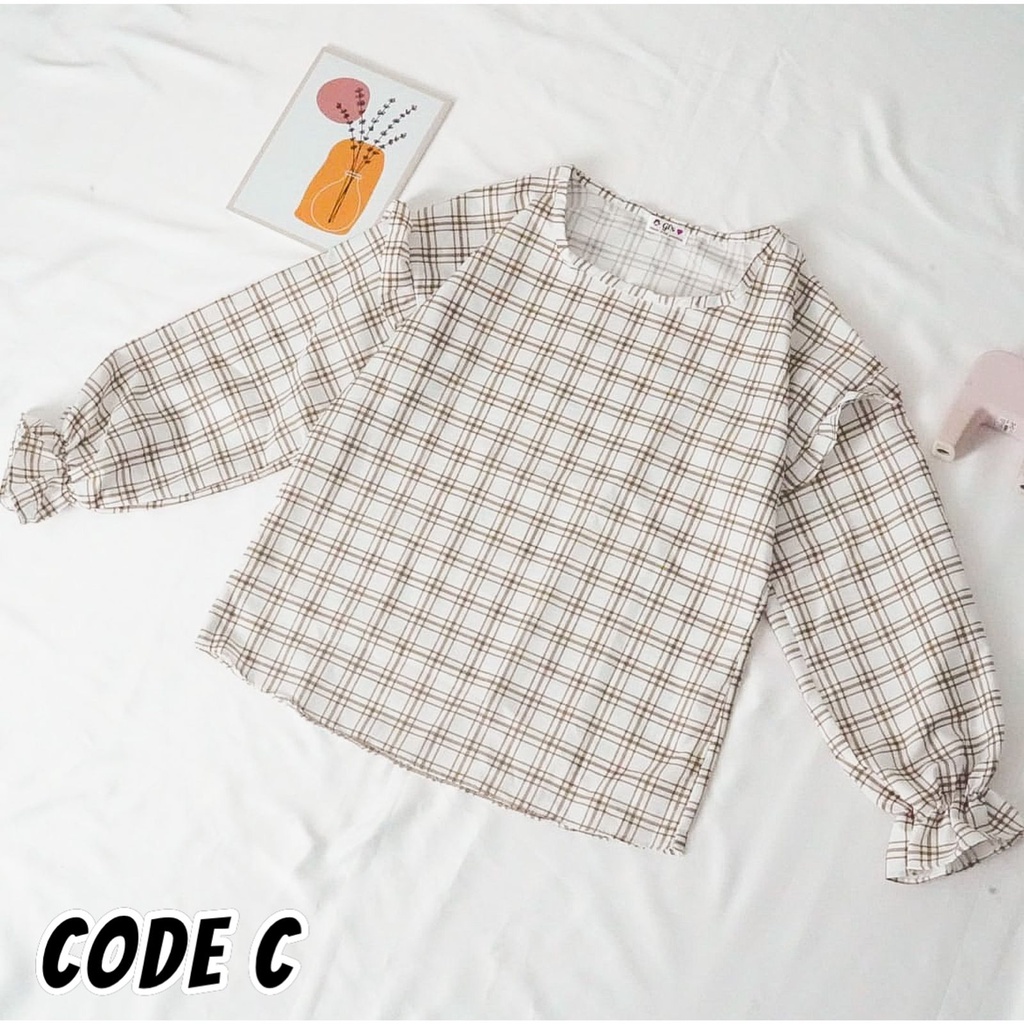 GFS RUBI BLOUSE LENGAN PANJANG TARTAN RUFFLE