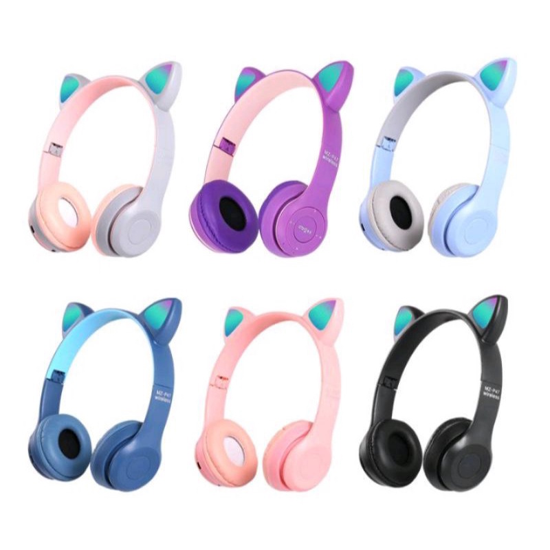 HEADSET HANDSFREE LED BANDO CAT MACARON BLUETOOTH MICRO SD MZ-P47