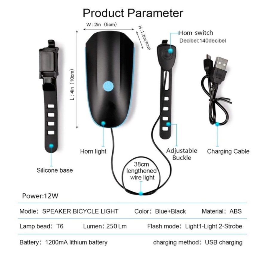 Lampu Sepeda dengan Klakson LED XPG 250 Lumens Rechargeable USB