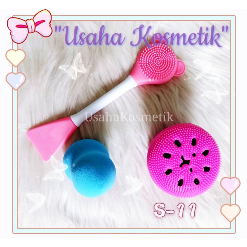 PROMO PERPACK!! PAKET SET ALAT CUCI MUKA SILIKON+SPATULA MASKER+BEAUTY BLENDER PAKET 3 IN 1 HEMAT BEST SELLER NO. S-9/S-10/S-11