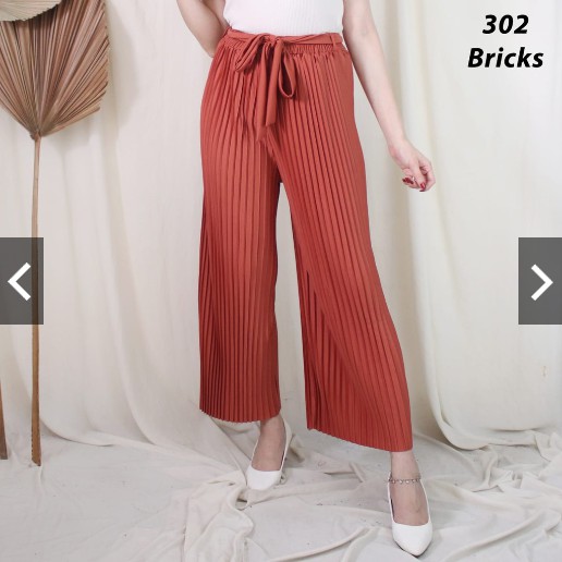 302 KULOT PLISKET PANJANG TALI PINGGANG MODIS FASHION MUSLIM BAWAHAN CELANA POLOS MURAH PLEATEDPANTS-Bata