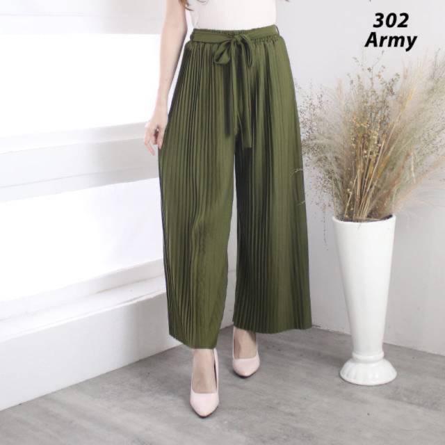 302 KULOT PLISKET PANJANG TALI PINGGANG MODIS FASHION MUSLIM BAWAHAN CELANA POLOS MURAH PLEATEDPANTS-Army