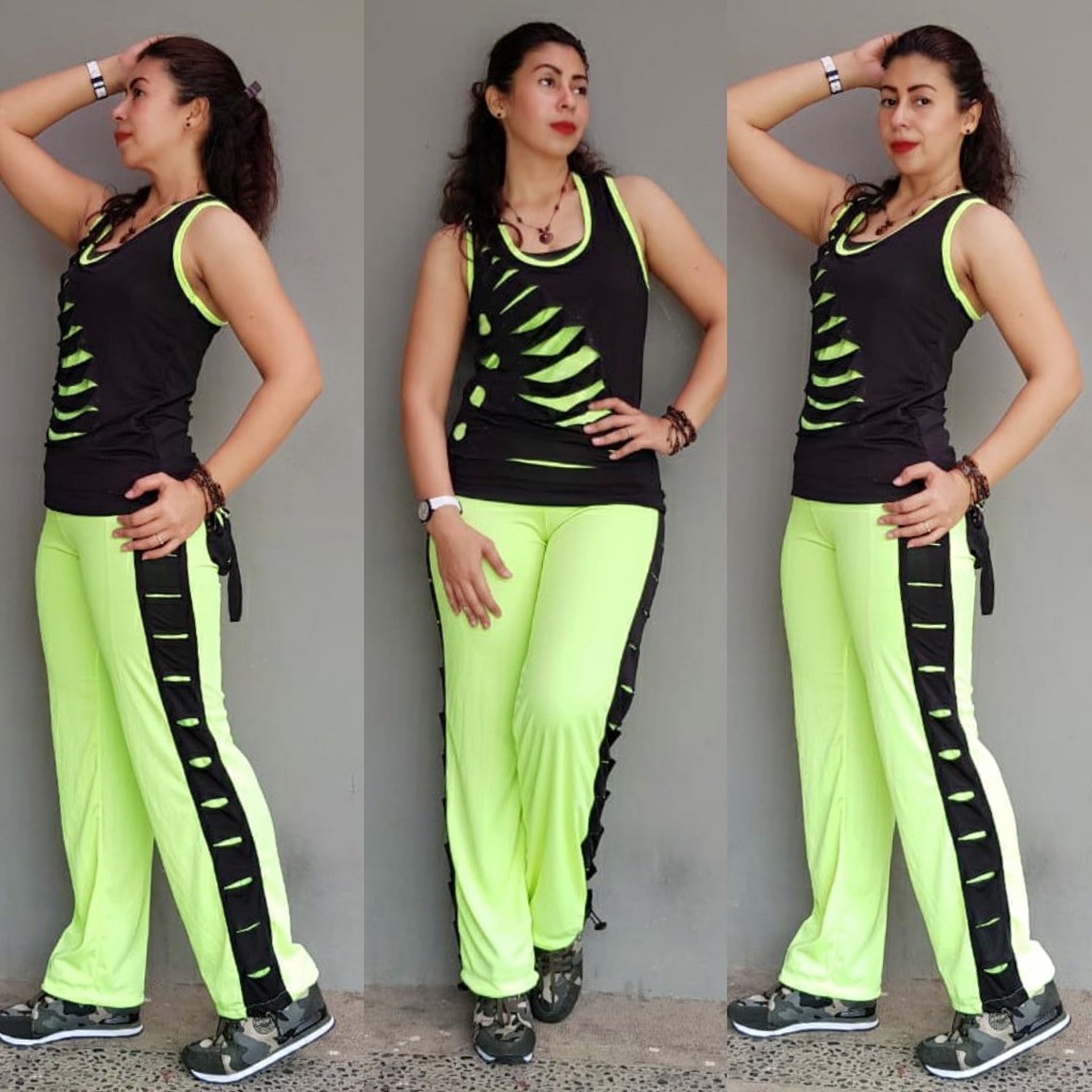 Baju Senam Setelan Aerobic Lapangan Zumba Fitness Cycling Hijab Muslimah Panjang Sobek Stabilo Hitam