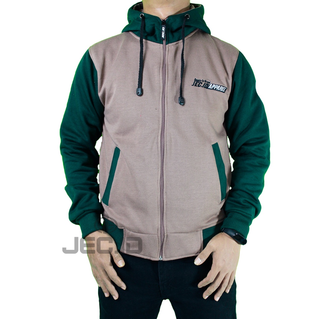 Jaket Sweater Hoodie Mocca Combi Hijau Botol Zipper Jec Apparel Premium