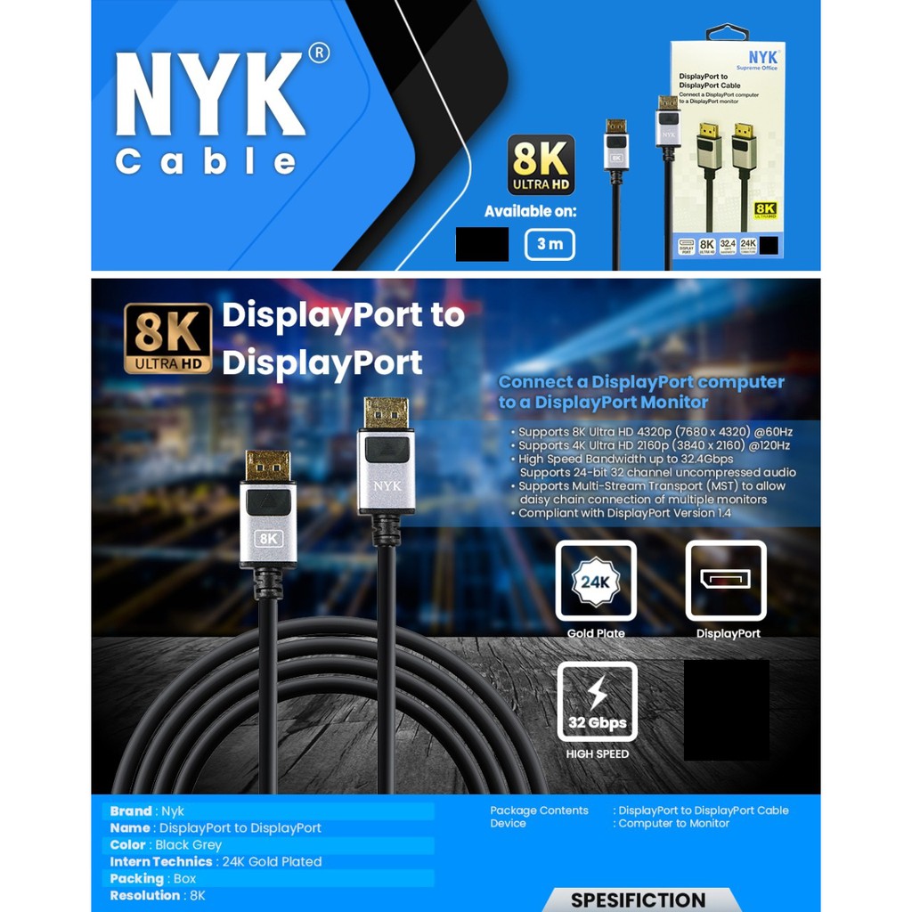 Cable Displayport Nyk 3m gold male 8k 4k UHD 120hz MST for macbook Pc vga - Kabel Display Port dp m-m 3 meter