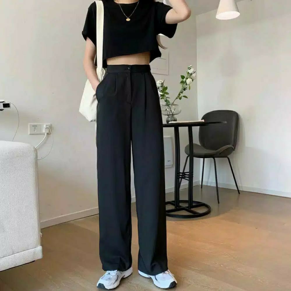 LOOSE PANTS TROUSERS (Black) CELANA ANTI KUSUT WANITA CELANA KULOT WANITA CELANA KANTOR FORMAL