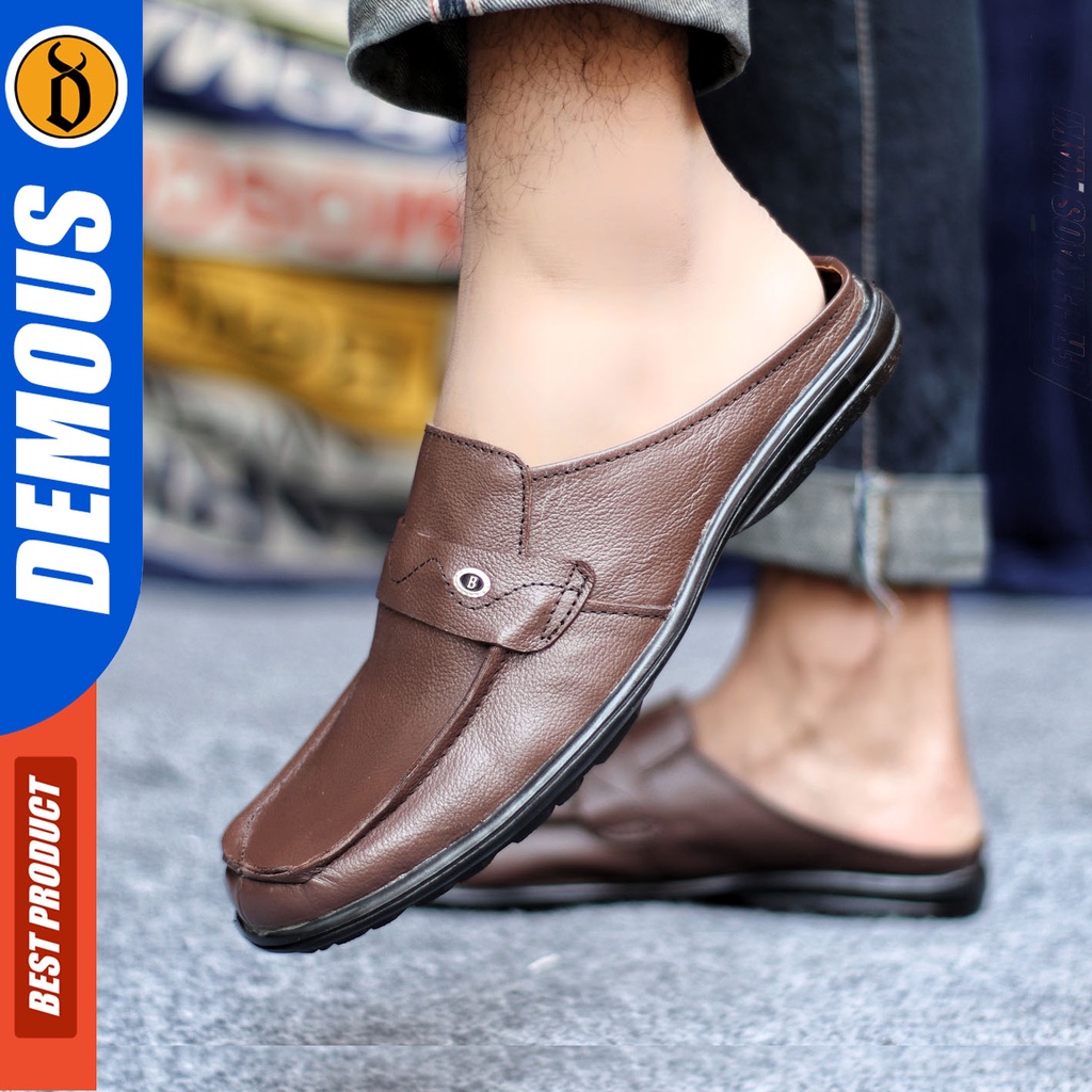 Sepatu Sandal Pria Kulit Asli Sendal Bustong Slop Hitam DEMOUS BECKY