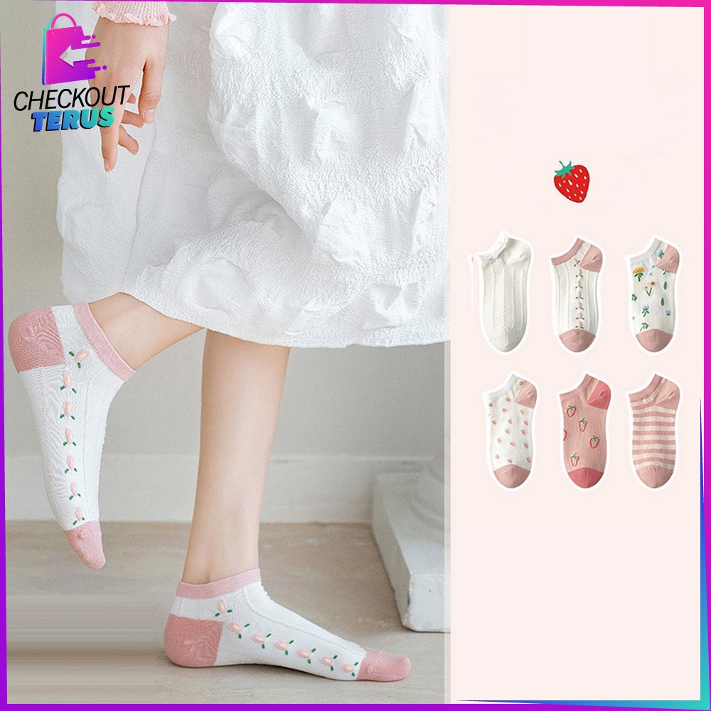 CT P189 Kaus Kaki Pendek Semata Kaki Wanita Motif Stroberi Bunga Fashion Korea Kaos Kaki Wanita Style