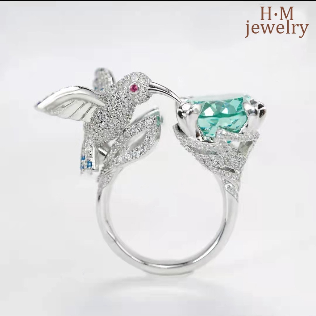 Cincin Model Terbuka Desain Burung Kolibri Warna Aquamarine