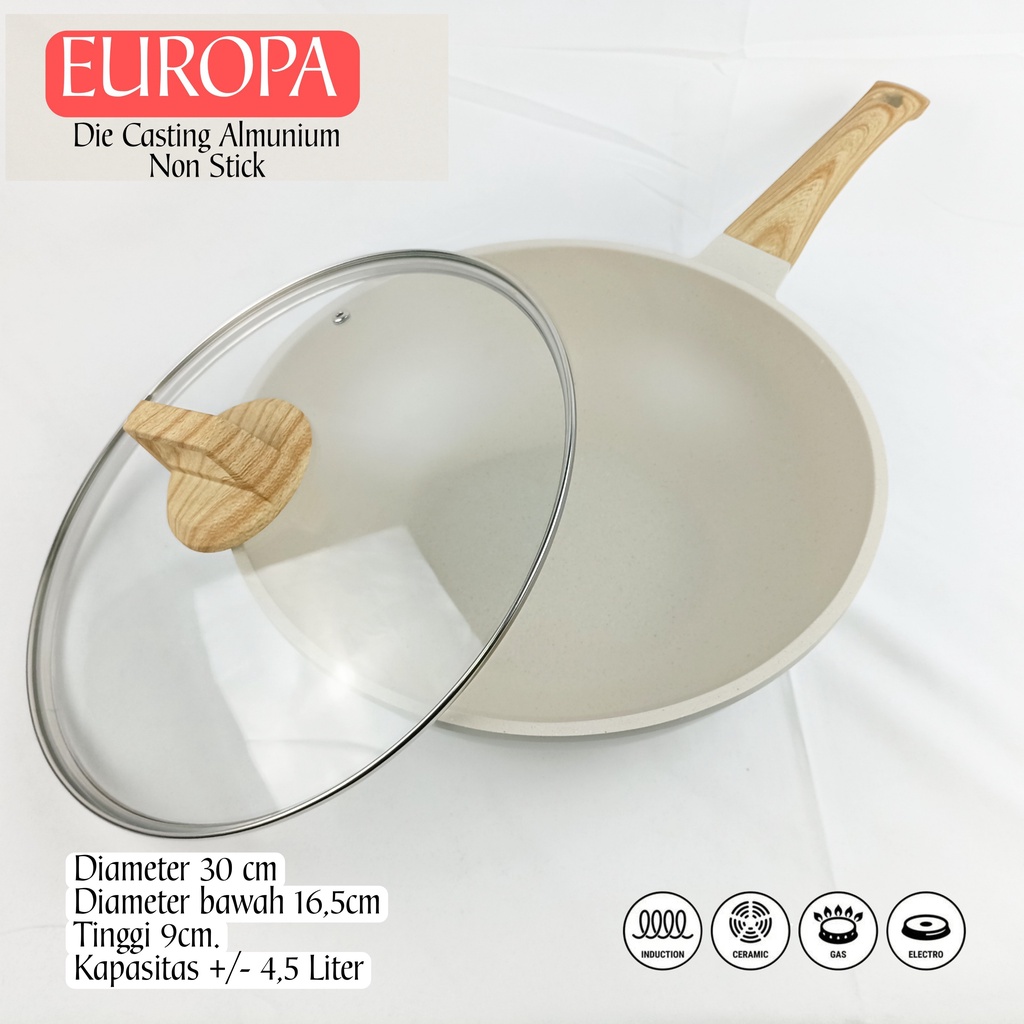 A1 Europa Penggorengan Besar Anti Lengket Marble Keramik 30 Cm Bisa Untuk kompor Induksi Tutup Kaca