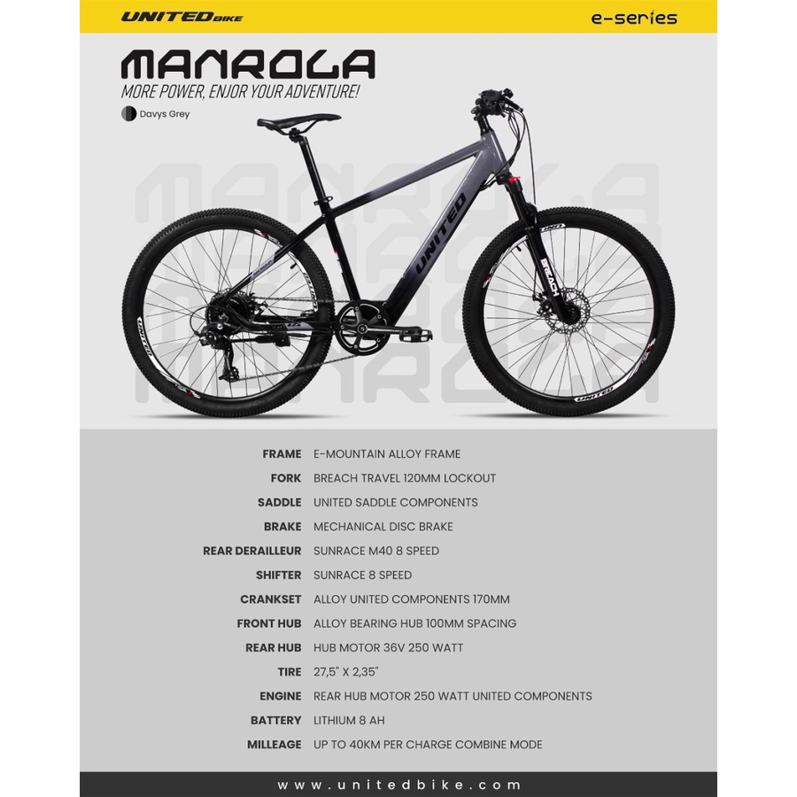 Sepeda Listrik 27.5 United E-Bike Manrola 9 Speed Discbrake Sunrace