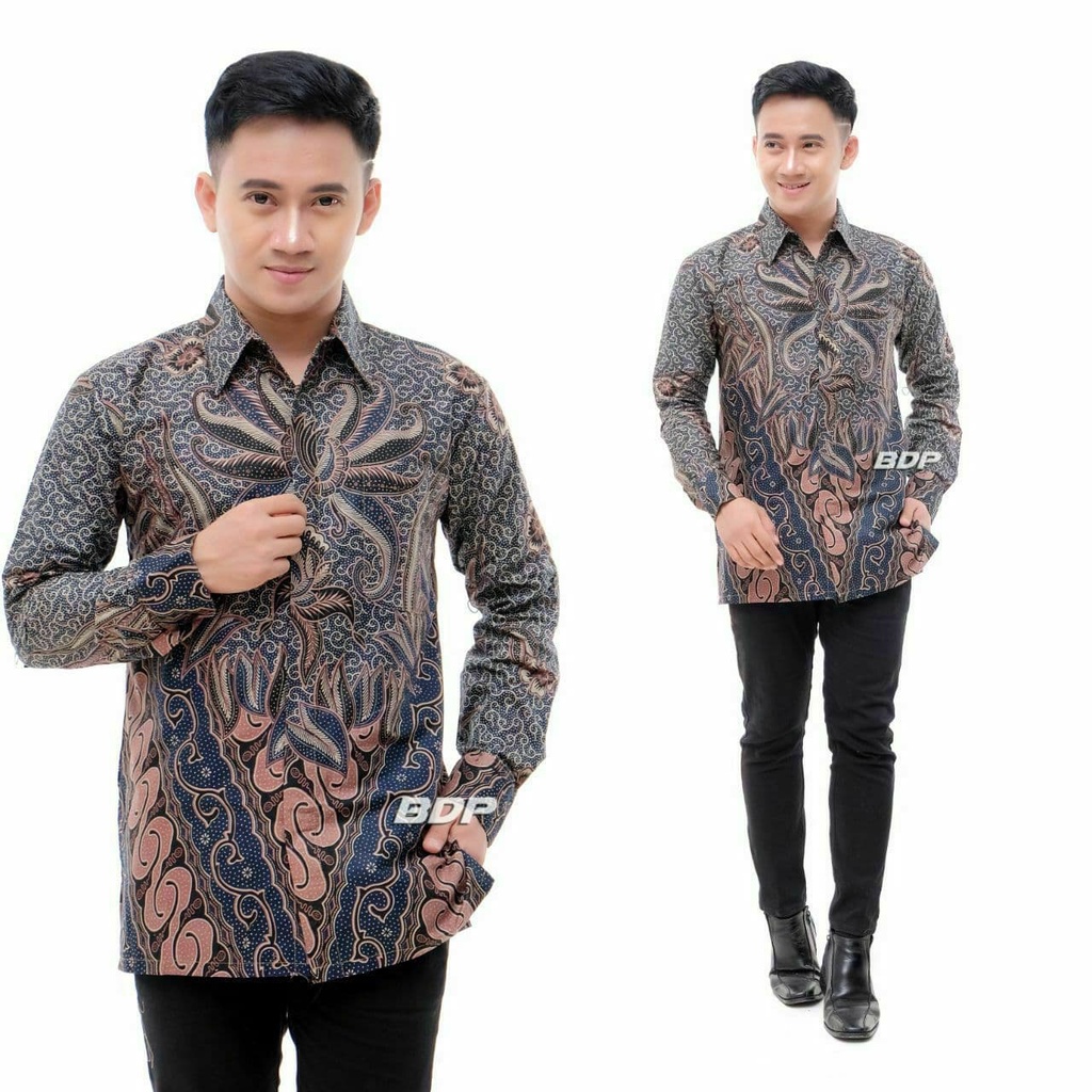 Batik Pria Lengan Panjang BATIK AZMIL HRB026 motif KERATONAN Kode 002 size M L XL XXL Reguler