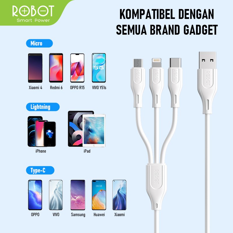 ROBOT RDY120 Kabel Data Quick Charging 3 in 1 Type-C Micro Lightning