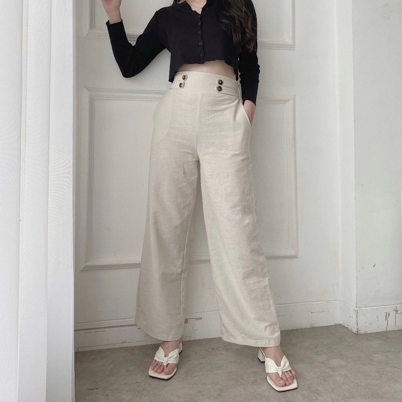 Celana Kulot Linen Highwaist Premium Side Double Button