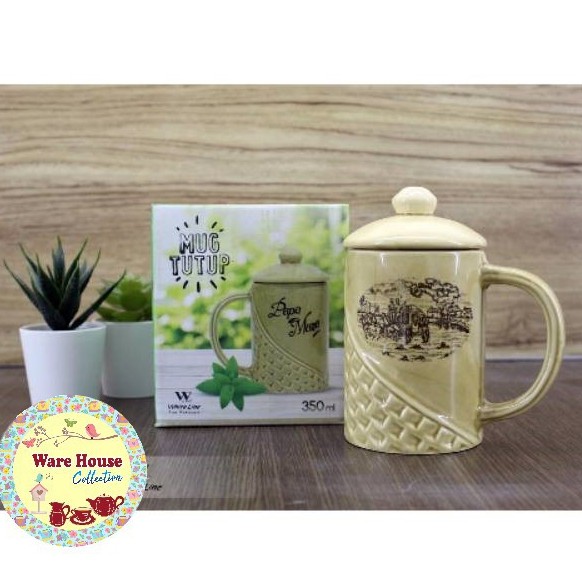 Mug Keramik PAPA MAMA 600ml White Line/ mug dengan tutup