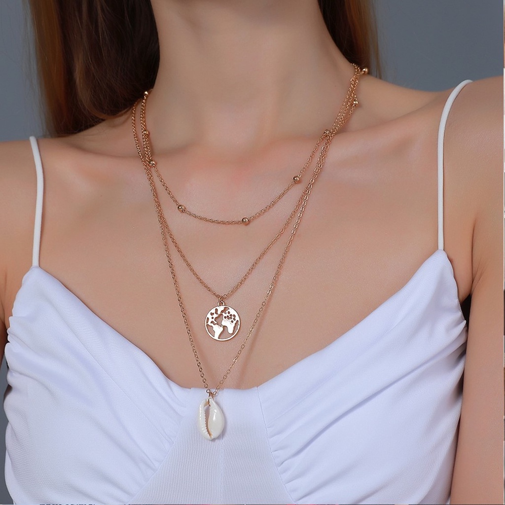 T&amp;Y Kalung Rantai Multi Layer Liontin Kerang untuk Wanita Necklace Ala Korea Murah Import