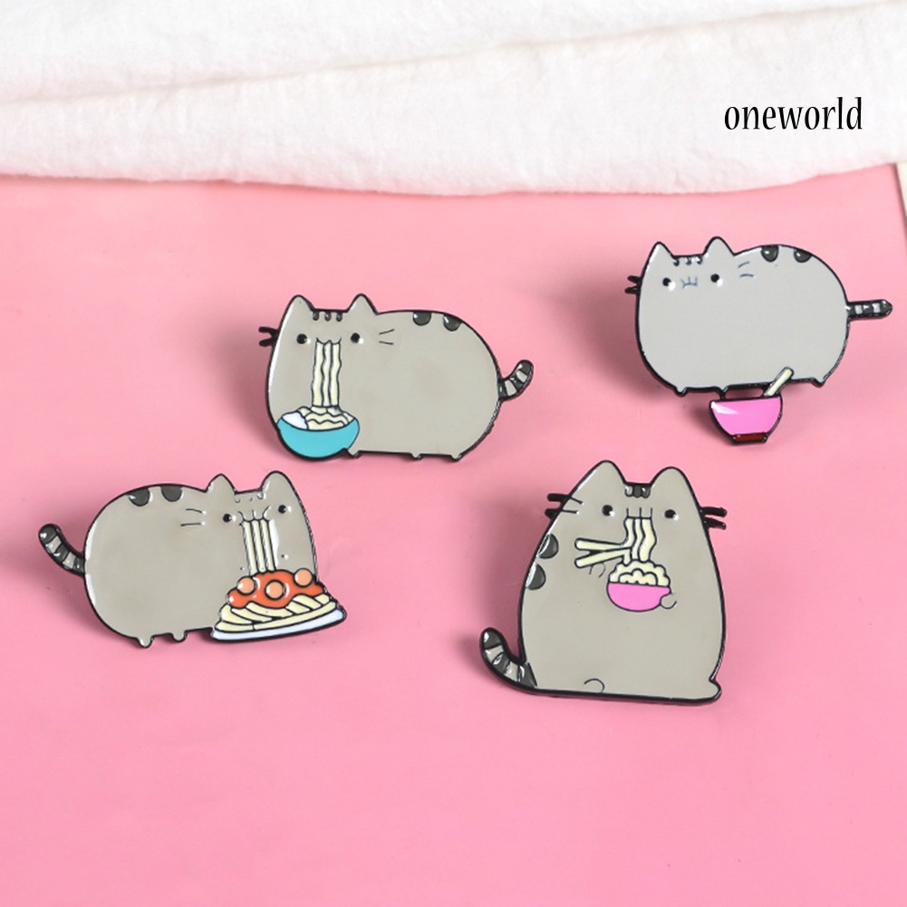 OW@ Cute Cartoon Fat Cat Eat Noodles Enamel Brooch Pin Collar Lapel Badge Jewelry