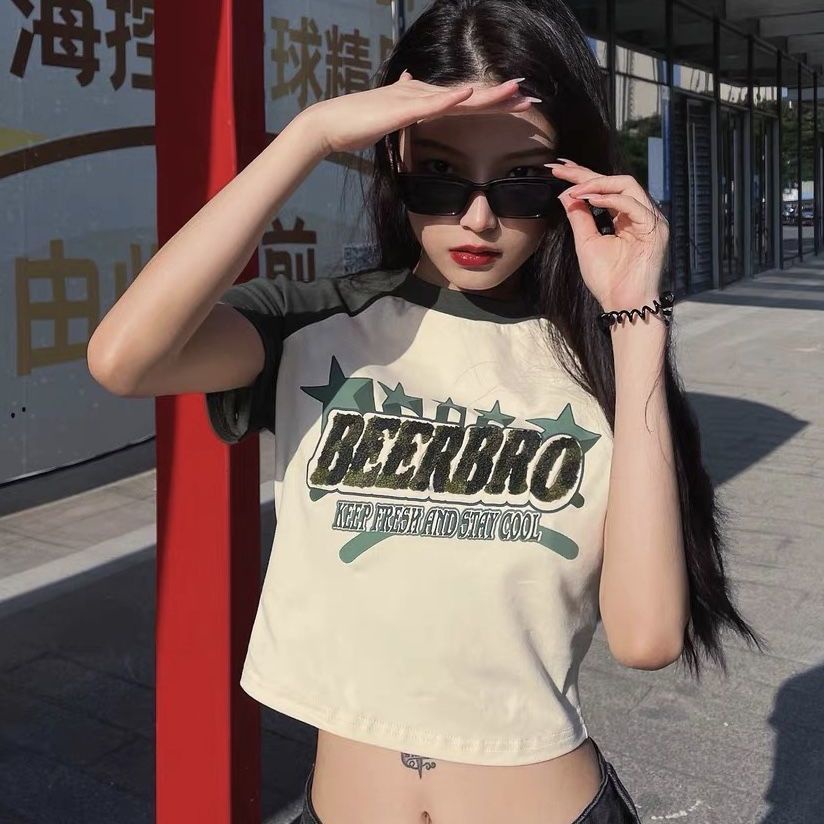 BeerBro American retro hot girl lengan pendek T-shirt wanita Eropa dan Amerika kecil vintage hot gir